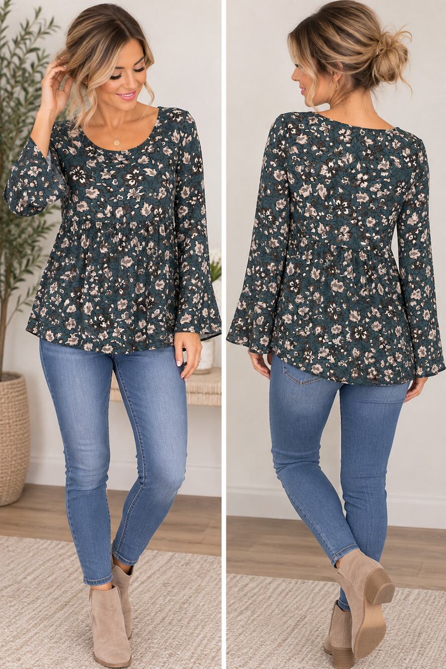 LOFT Floral Blouse Top Womens M Teal Long Sleeve Boho Peasant Tunic